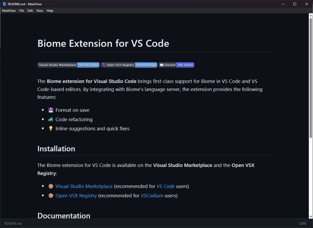 MarkView dark-theme window rendering Biome Extension for VS Code README.md with badges and Installation section