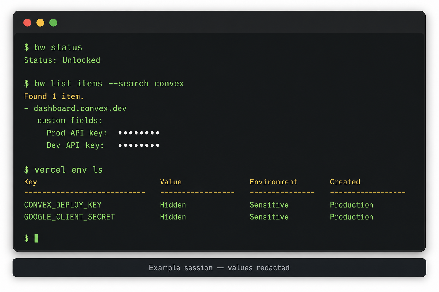 Redacted CLI session showing vault custom fields and hosting env list