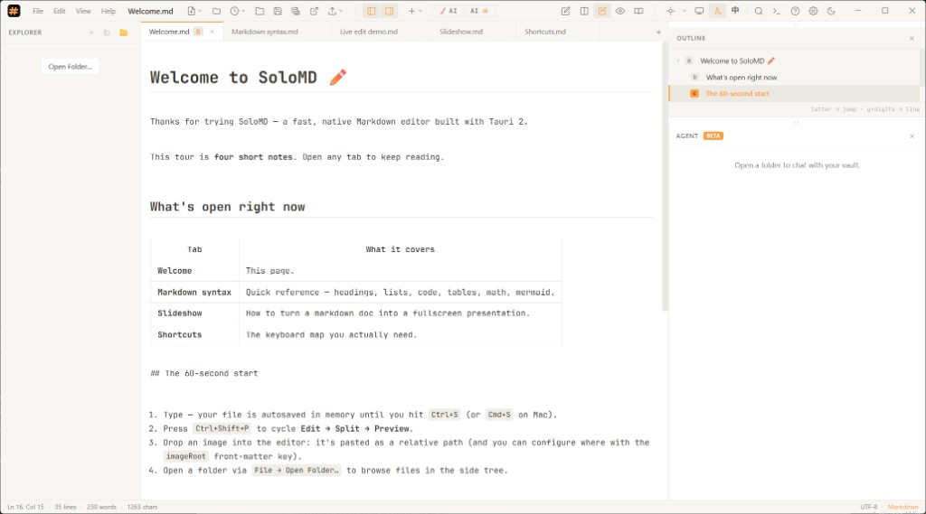SoloMD Welcome.md in live edit mode with outline and agent panel