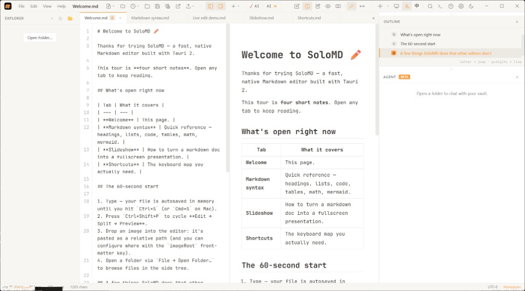 SoloMD split view showing Markdown source beside rendered preview